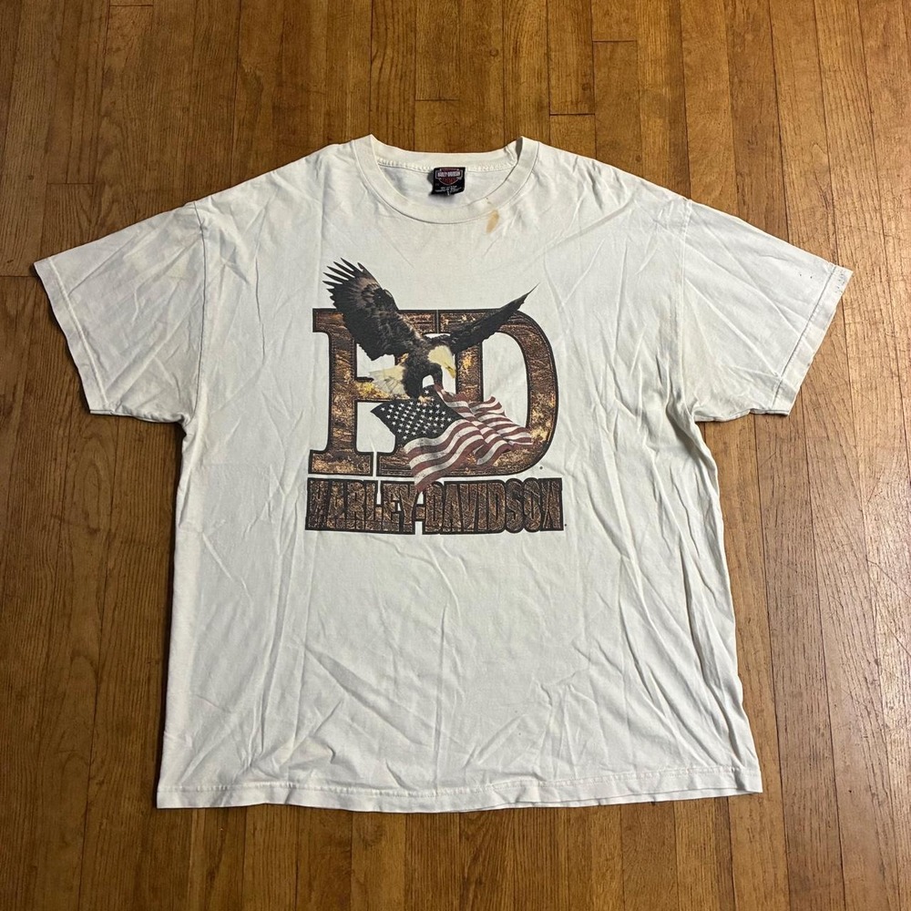 Vintage Harley-Davidson Eagle Flag T-Shirt 2XL White Y2K Edison NJ Biker Tee